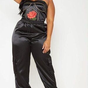 Black Satin Jumpsuit with Rose Embroidery